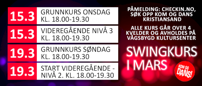 Dansekurs/Swingkurs hos Kom og Dans Kristiansand, 15. og 19. mars