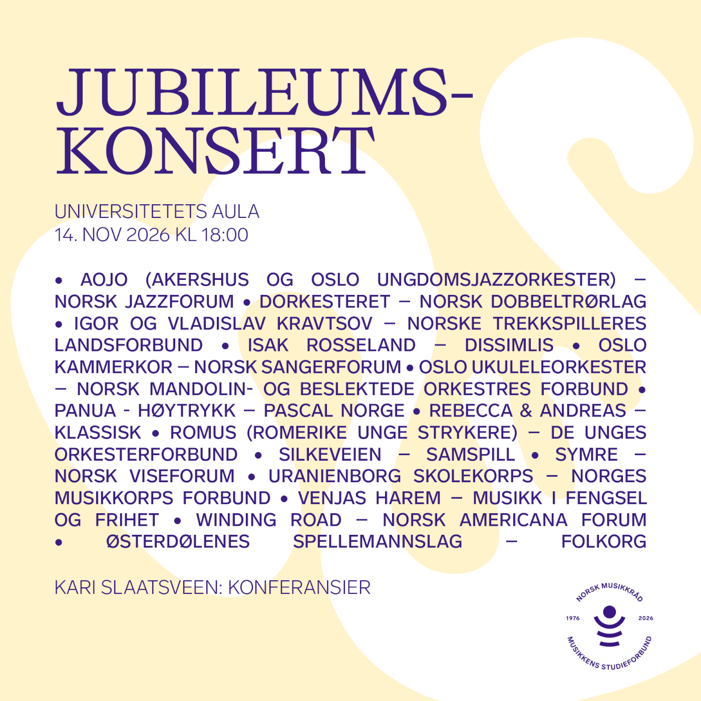 Jubileumskonsert Norsk musikkråd og Musikkens studieforbund