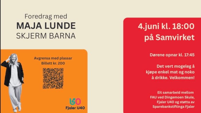 Fjaler U40 og FAU ved Dingemoen skule presanterer: Skjerm Barna – Foredrag med Maja Lunde